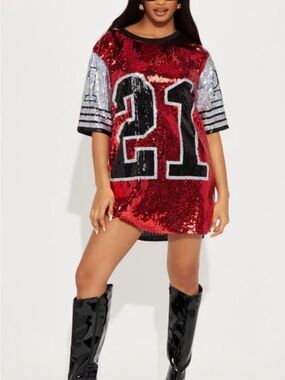 Fashion Nova Red Sequin 21 Football Mini Dress with Silver Sleeves